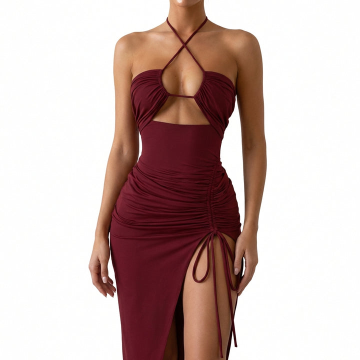 Halterneck Lace-Up Split Maxi Dress