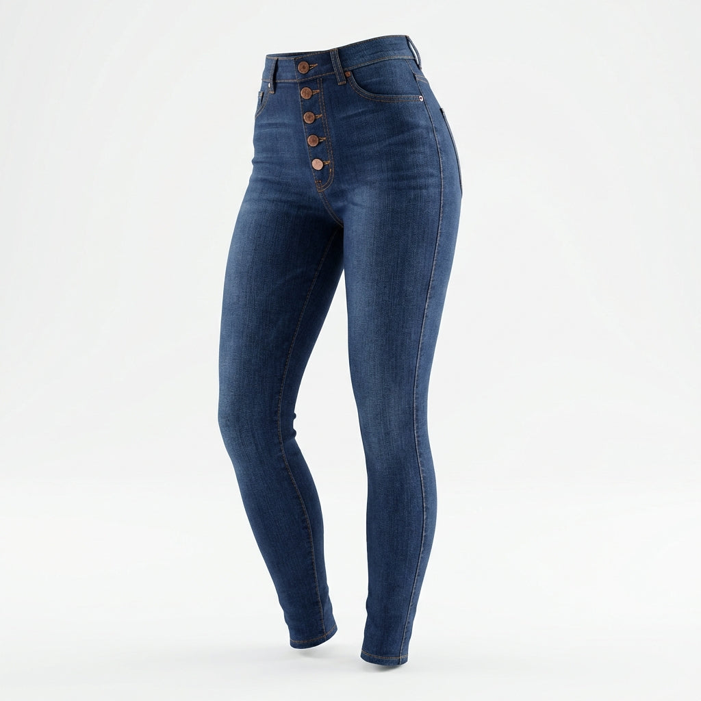 Women's High-Rise Buckle Accent Skinny Jeans – Mid Blue Slim Fit Denim