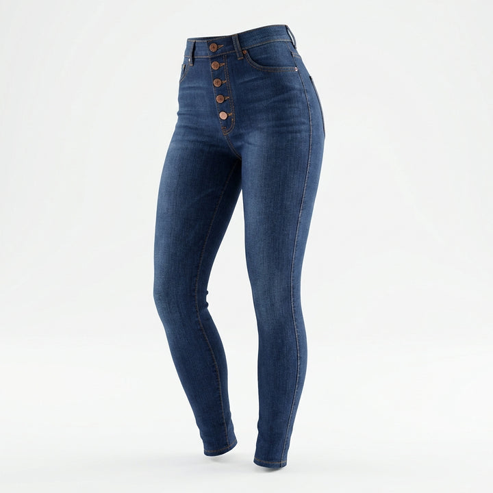 Women's High-Rise Buckle Accent Skinny Jeans – Mid Blue Slim Fit Denim