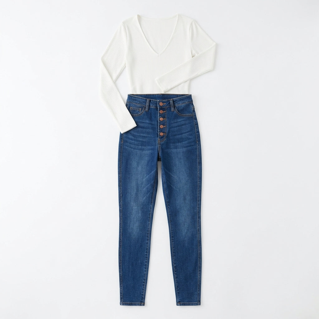 Women's High-Rise Buckle Accent Skinny Jeans – Mid Blue Slim Fit Denim