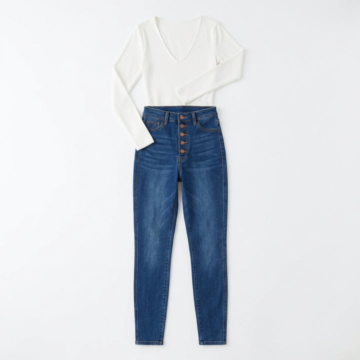 Women's High-Rise Buckle Accent Skinny Jeans – Mid Blue Slim Fit Denim