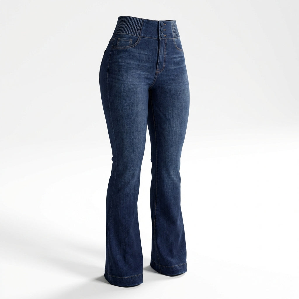 Women's High-Waist Slim Fit Jeans – Button Front Denim with Shirred Back Detail