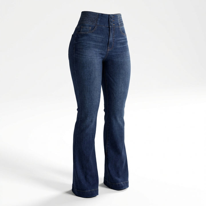 Women's High-Waist Slim Fit Jeans – Button Front Denim with Shirred Back Detail