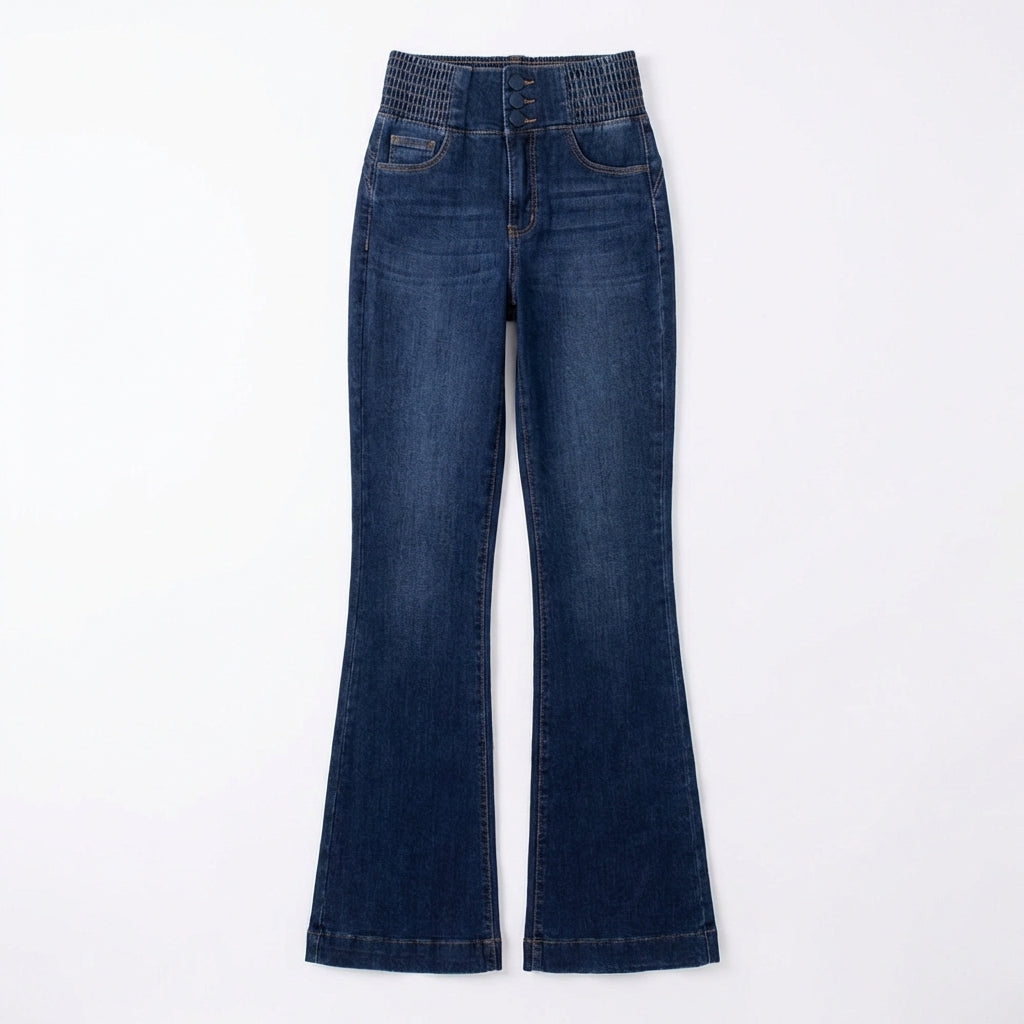 Women's High-Waist Slim Fit Jeans – Button Front Denim with Shirred Back Detail