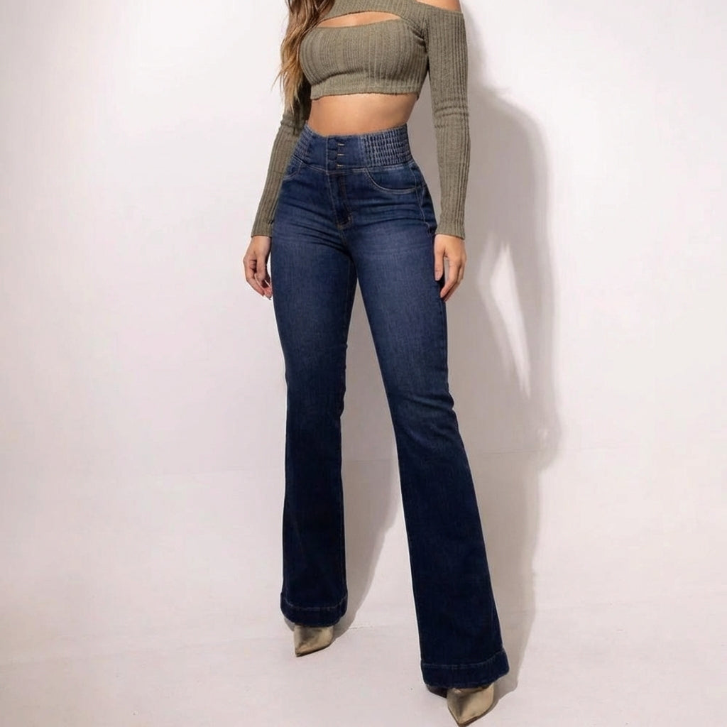 Women's High-Waist Slim Fit Jeans – Button Front Denim with Shirred Back Detail