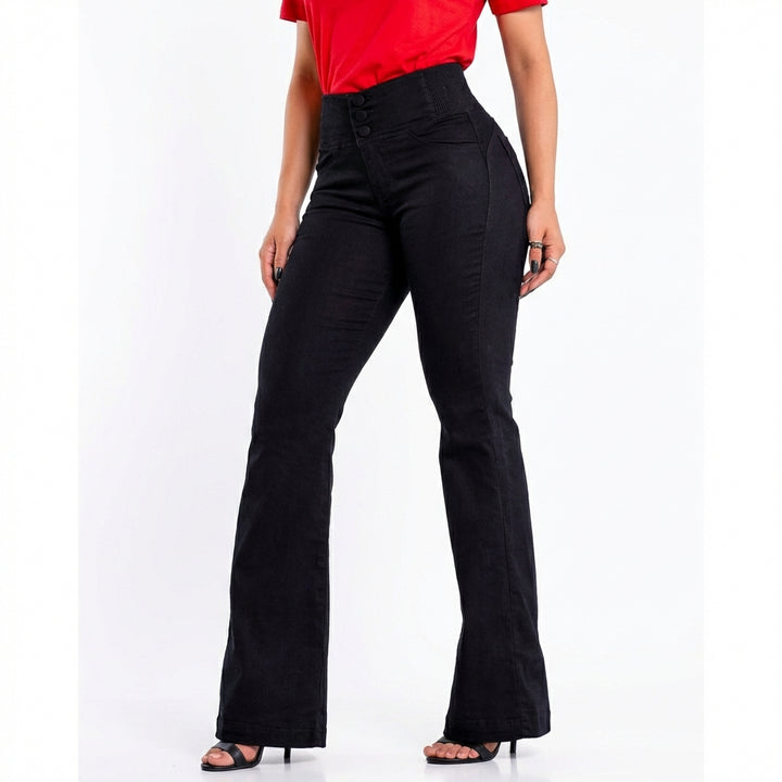 Women's High-Waist Slim Fit Jeans – Button Front Denim with Shirred Back Detail