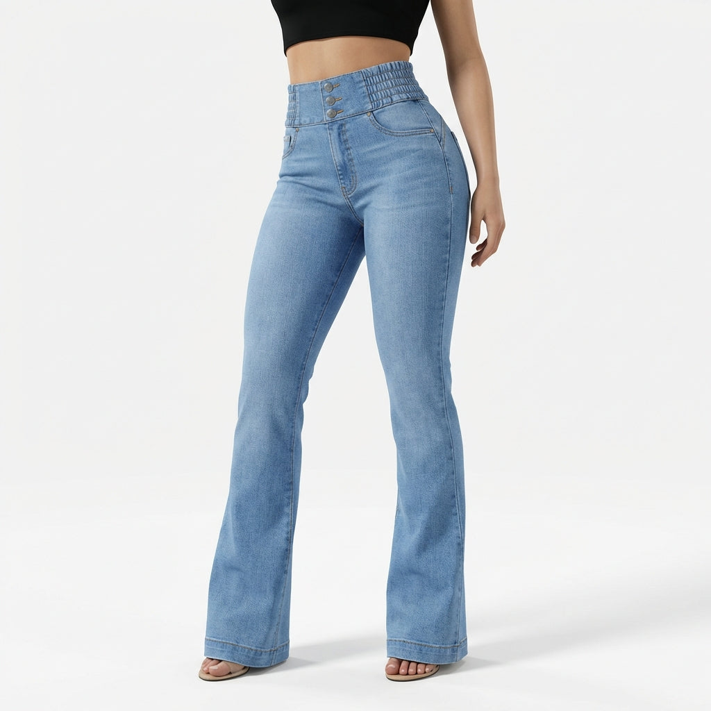 Women's High-Waist Slim Fit Jeans – Button Front Denim with Shirred Back Detail