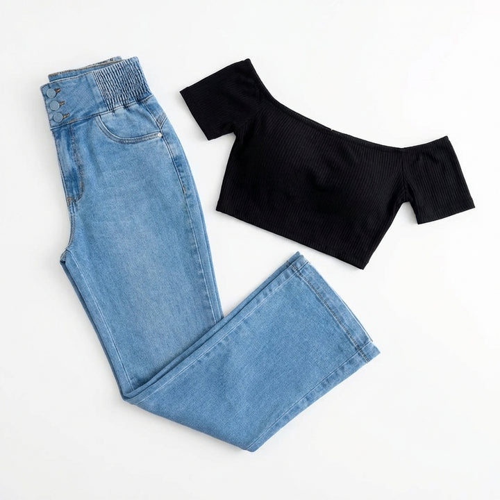 Women's High-Waist Slim Fit Jeans – Button Front Denim with Shirred Back Detail