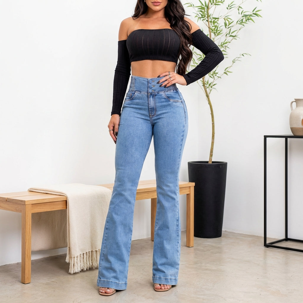 Women's High-Waist Slim Fit Jeans – Button Front Denim with Shirred Back Detail