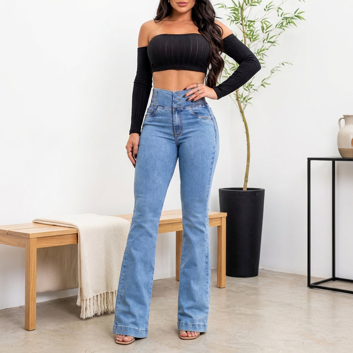 Women's High-Waist Slim Fit Jeans – Button Front Denim with Shirred Back Detail