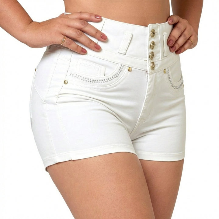 Women's White High-Rise Denim Shorts – Slim Fit Button Front with Bling Pocket Detail