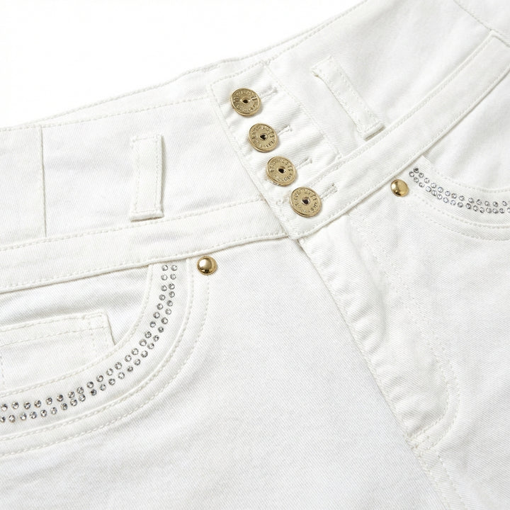 Women's White High-Rise Denim Shorts – Slim Fit Button Front with Bling Pocket Detail