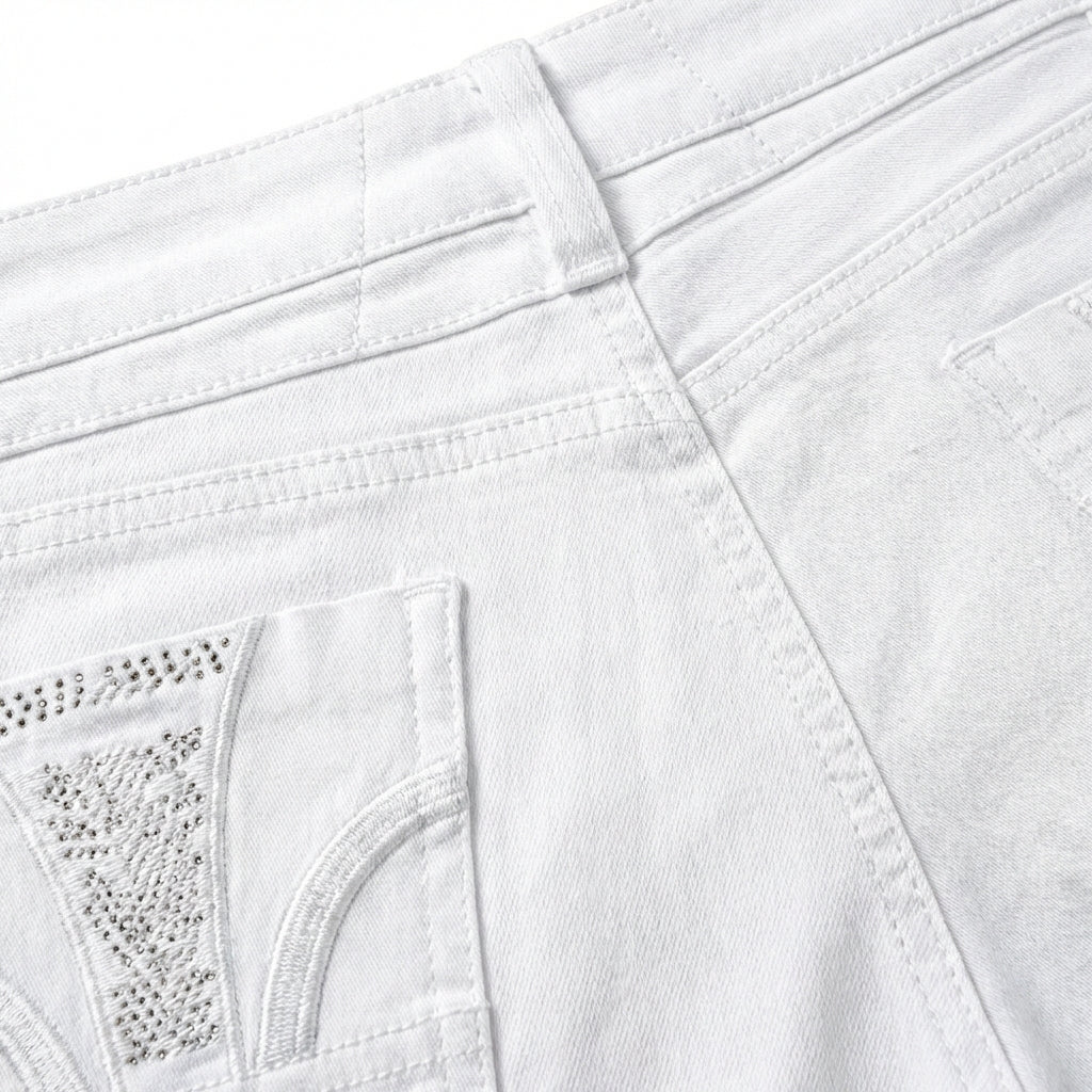 Women's White High-Rise Denim Shorts – Slim Fit Button Front with Bling Pocket Detail