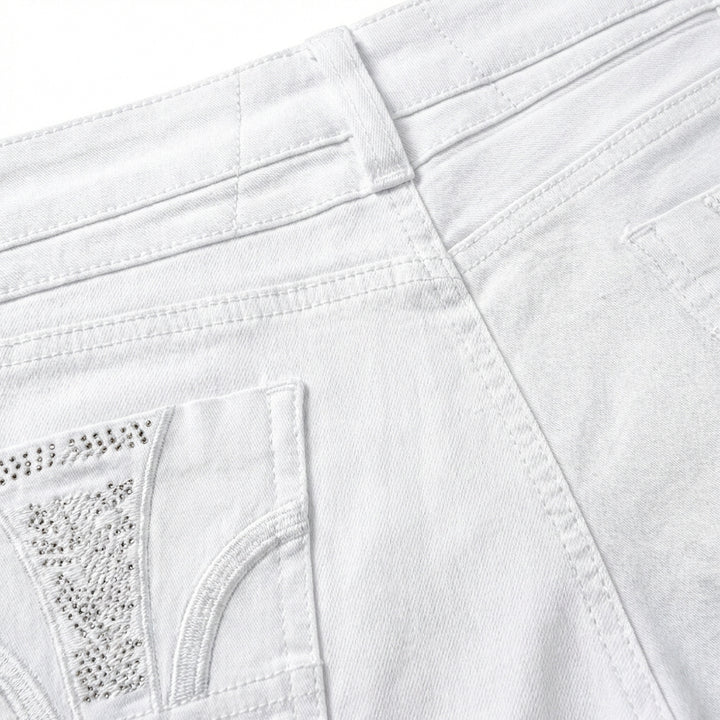 Women's White High-Rise Denim Shorts – Slim Fit Button Front with Bling Pocket Detail