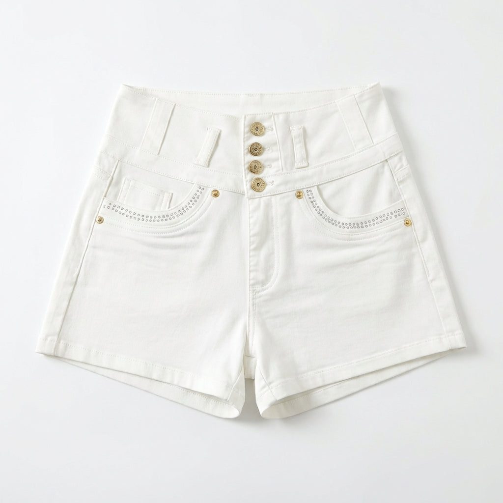 Women's White High-Rise Denim Shorts – Slim Fit Button Front with Bling Pocket Detail