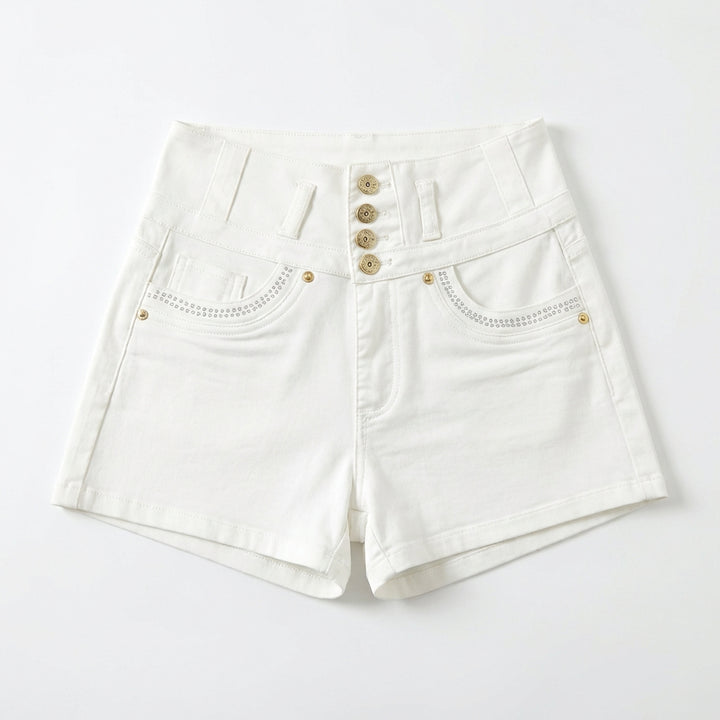 Women's White High-Rise Denim Shorts – Slim Fit Button Front with Bling Pocket Detail