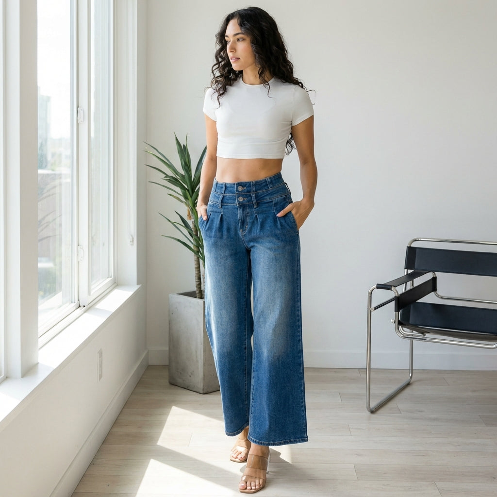 Women's Medium Blue Elastic Waist Jeans - Wide Leg Casual Denim