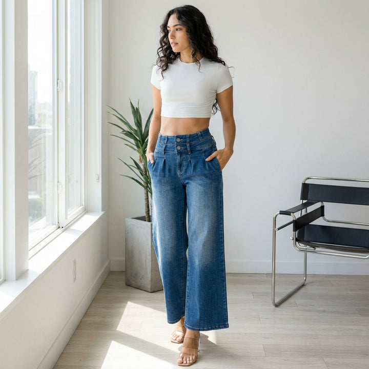 Women's Medium Blue Elastic Waist Jeans - Wide Leg Casual Denim