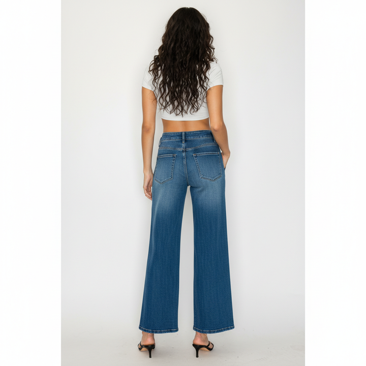 Women's Medium Blue Elastic Waist Jeans - Wide Leg Casual Denim