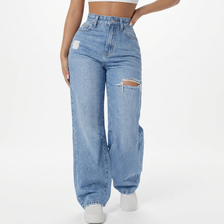 European And American Ladies Washed Hole Denim Trousers