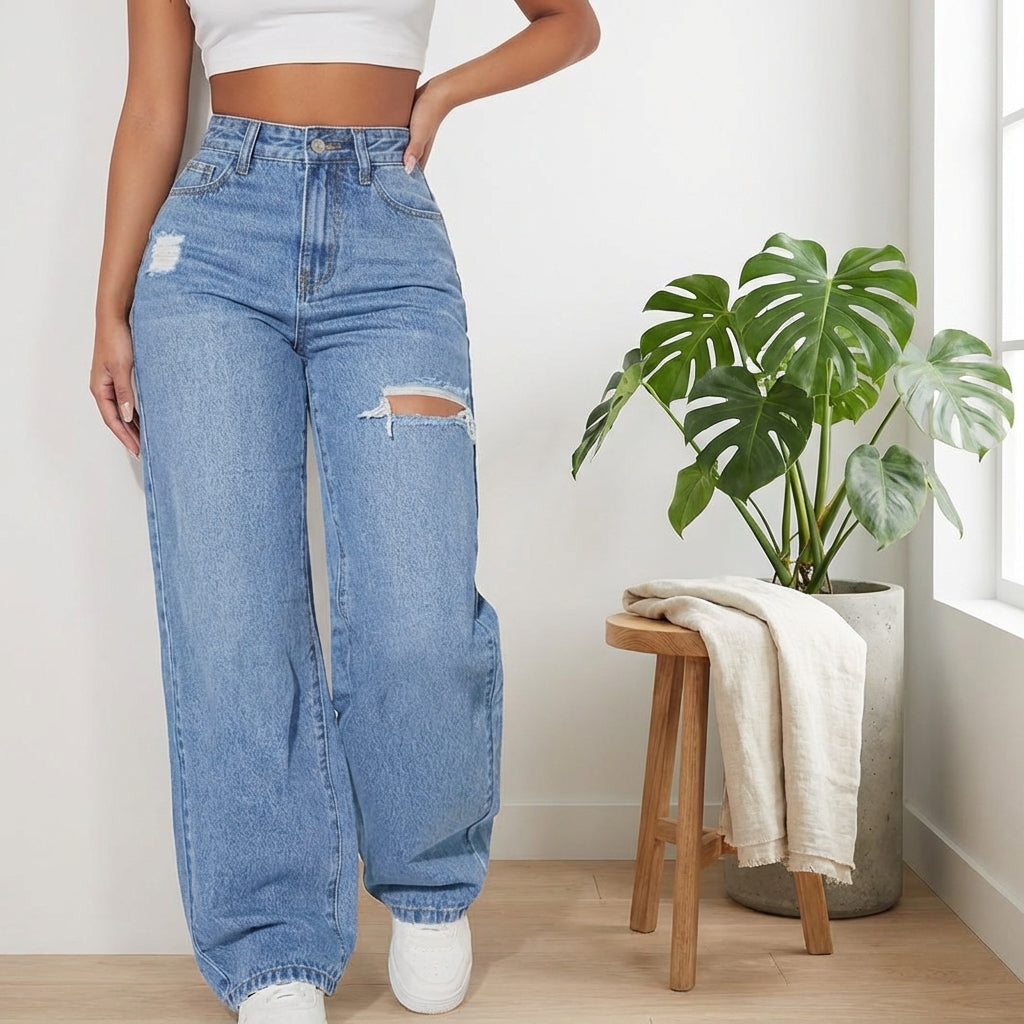 European And American Ladies Washed Hole Denim Trousers
