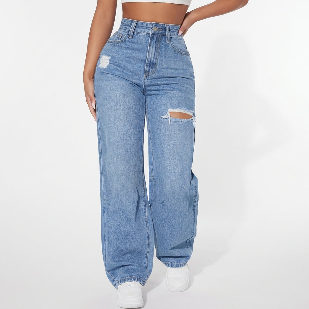 European And American Ladies Washed Hole Denim Trousers