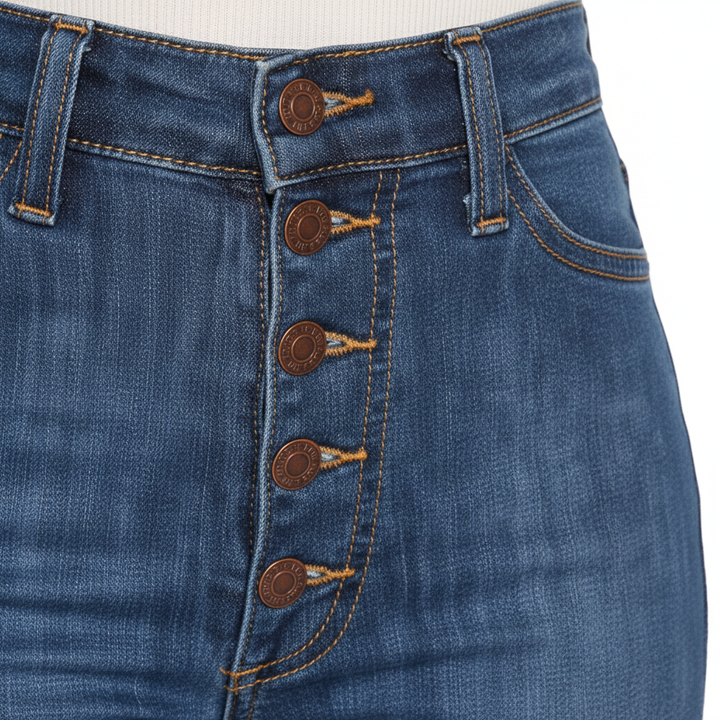 Women's High-Rise Buckle Accent Skinny Jeans – Mid Blue Slim Fit Denim