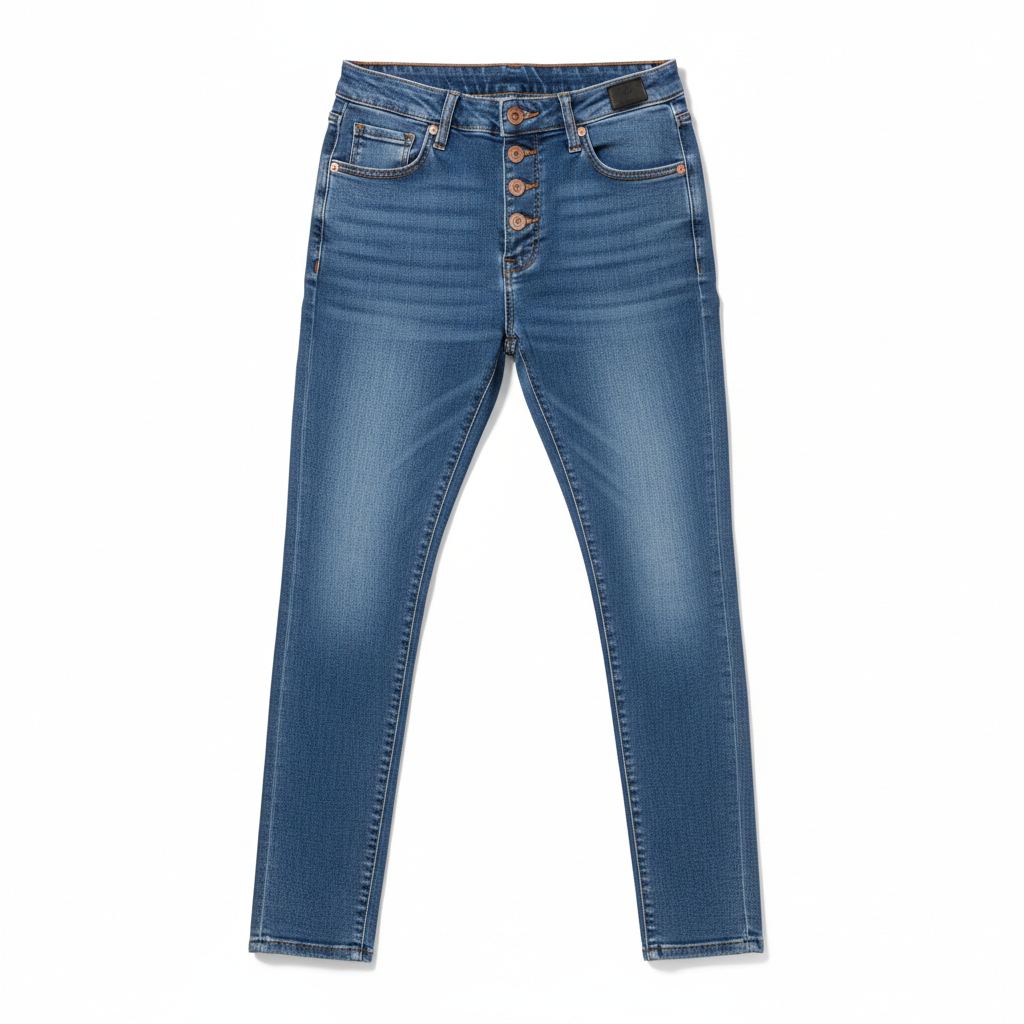Women's High-Rise Buckle Accent Skinny Jeans – Mid Blue Slim Fit Denim