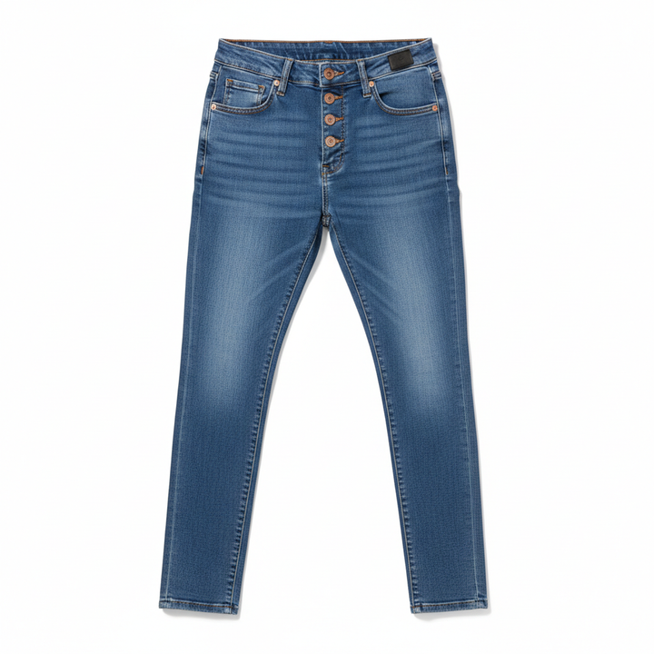 Women's High-Rise Buckle Accent Skinny Jeans – Mid Blue Slim Fit Denim