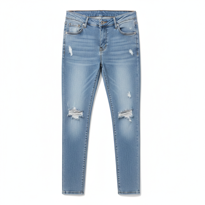Women's Tear Washed Slim Fit Denim Jeans with Waist Belt