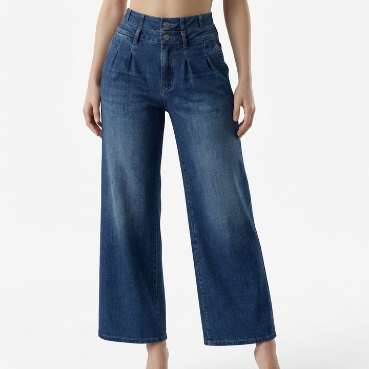 Women's Medium Blue Elastic Waist Jeans - Wide Leg Casual Denim