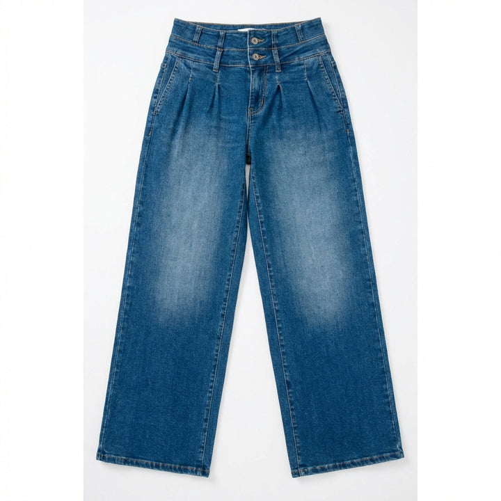 Women's Medium Blue Elastic Waist Jeans - Wide Leg Casual Denim