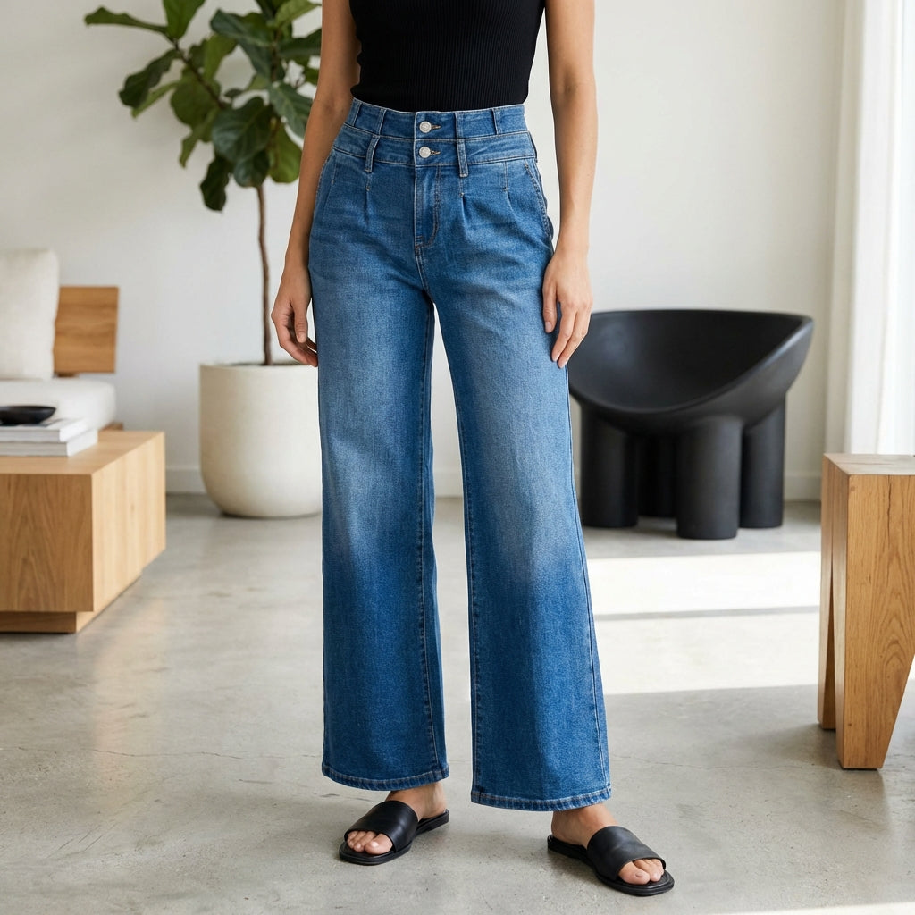 Women's Medium Blue Elastic Waist Jeans - Wide Leg Casual Denim