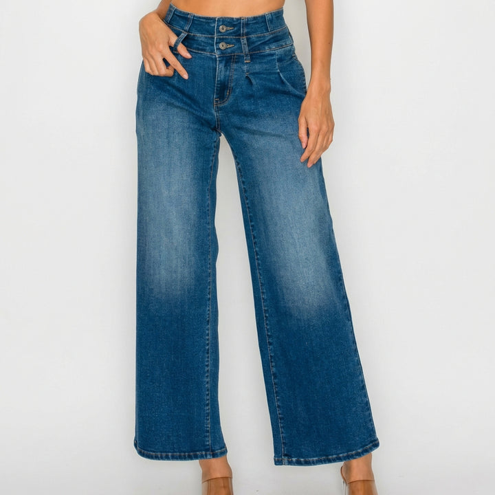 Women's Medium Blue Elastic Waist Jeans - Wide Leg Casual Denim