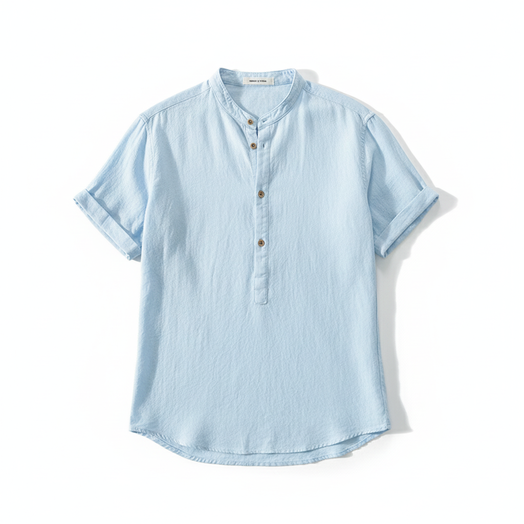 Men's Stand Collar Japanese Ice Silk Linen Short Sleeve T-shirt