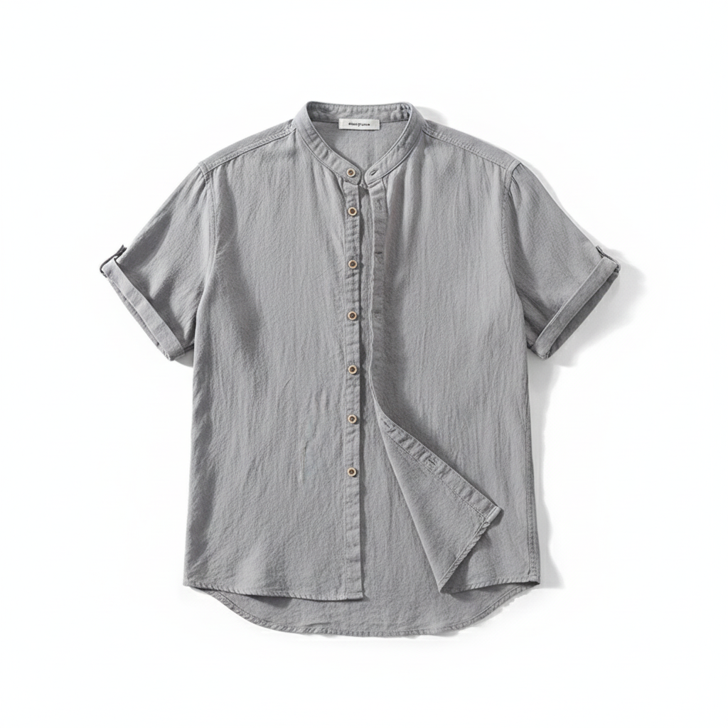 Men's Stand Collar Japanese Ice Silk Linen Short Sleeve T-shirt