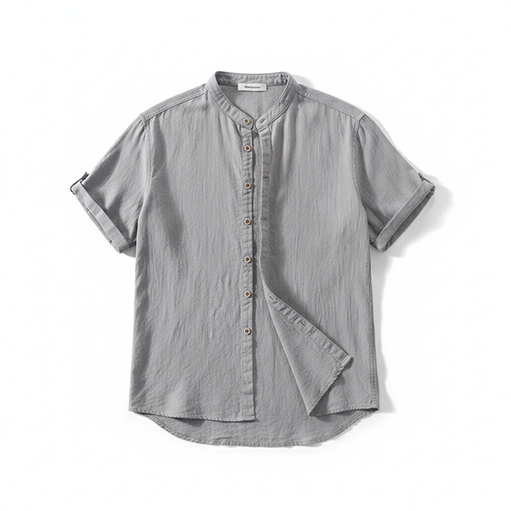 Men's Stand Collar Japanese Ice Silk Linen Short Sleeve T-shirt
