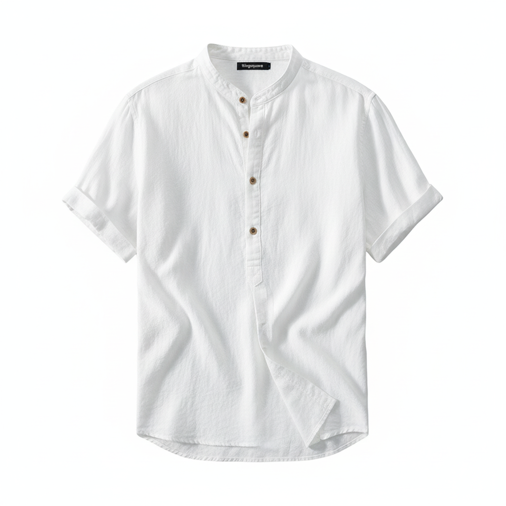 Men's Stand Collar Japanese Ice Silk Linen Short Sleeve T-shirt