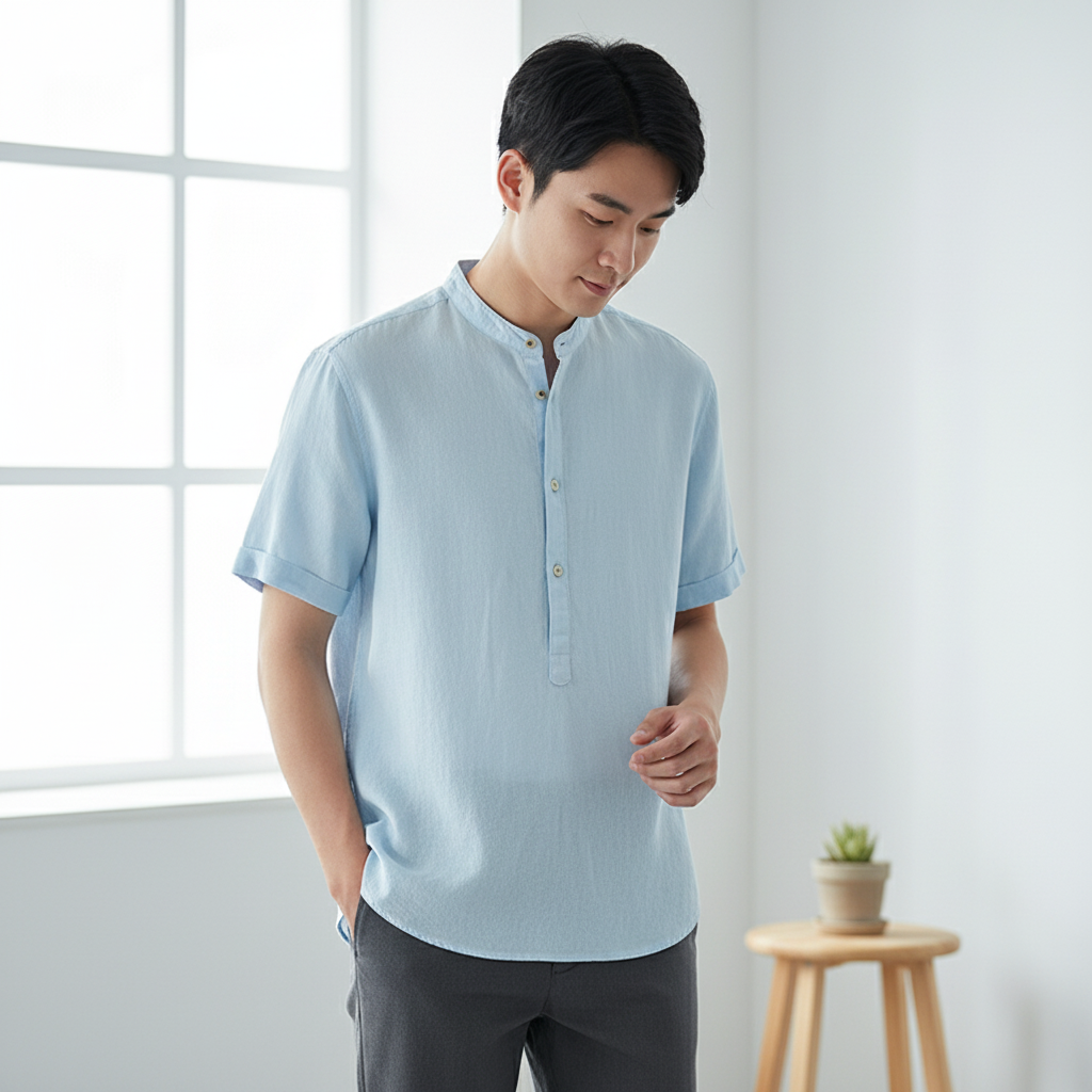 Men's Stand Collar Japanese Ice Silk Linen Short Sleeve T-shirt