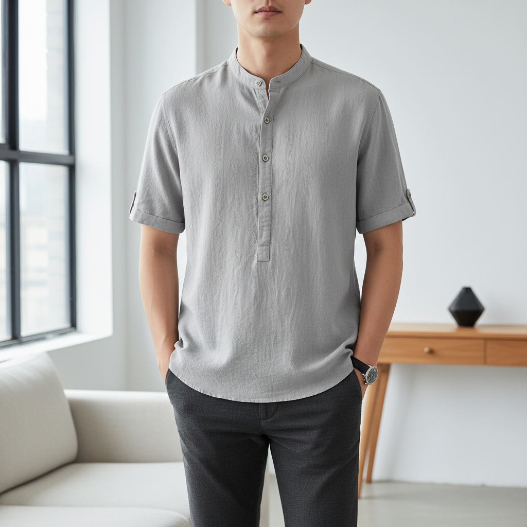 Men's Stand Collar Japanese Ice Silk Linen Short Sleeve T-shirt