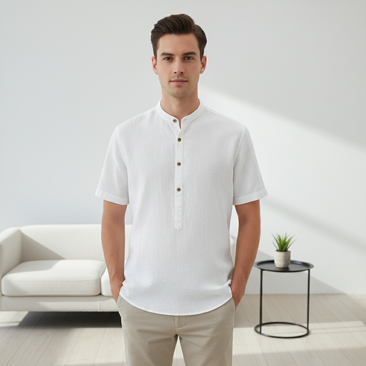 Men's Stand Collar Japanese Ice Silk Linen Short Sleeve T-shirt