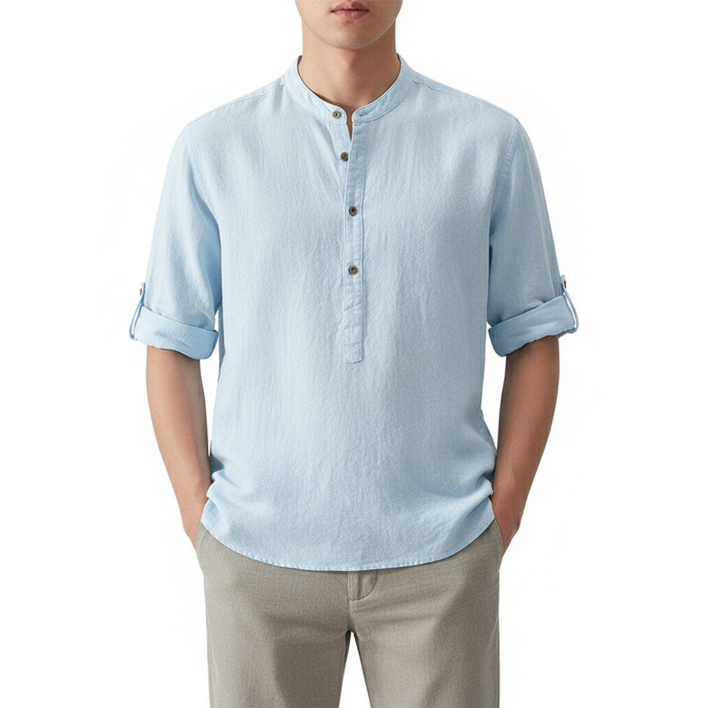 Men's Stand Collar Japanese Ice Silk Linen Short Sleeve T-shirt