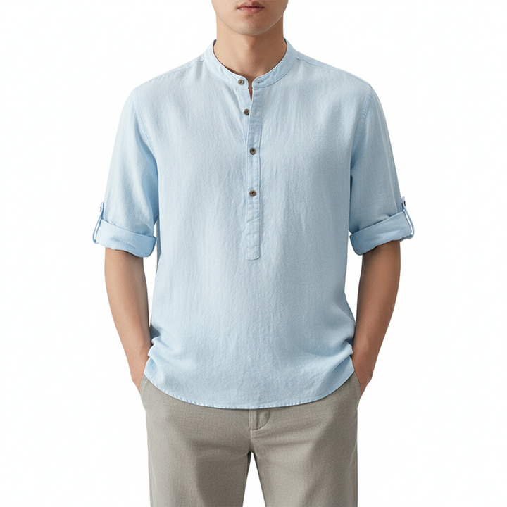 Men's Stand Collar Japanese Ice Silk Linen Short Sleeve T-shirt