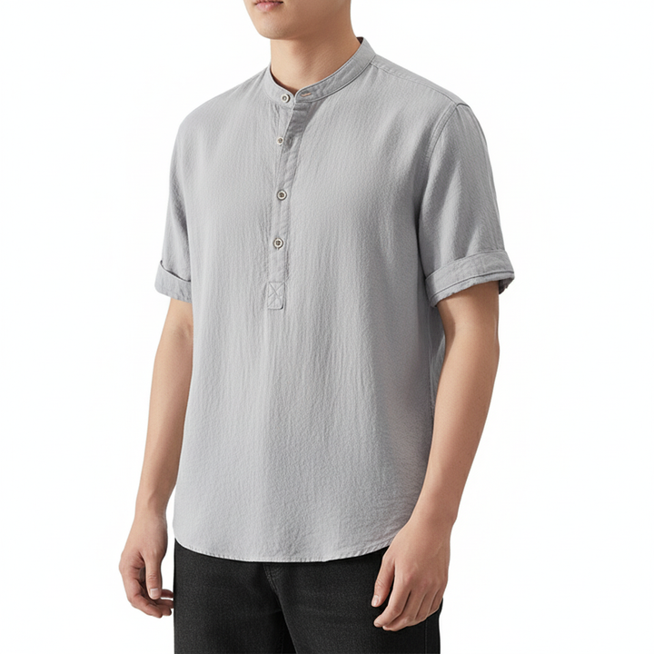 Men's Stand Collar Japanese Ice Silk Linen Short Sleeve T-shirt