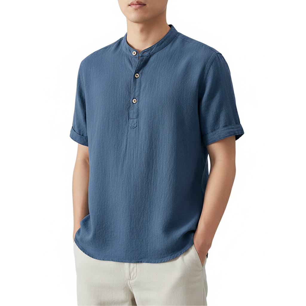 Men's Stand Collar Japanese Ice Silk Linen Short Sleeve T-shirt