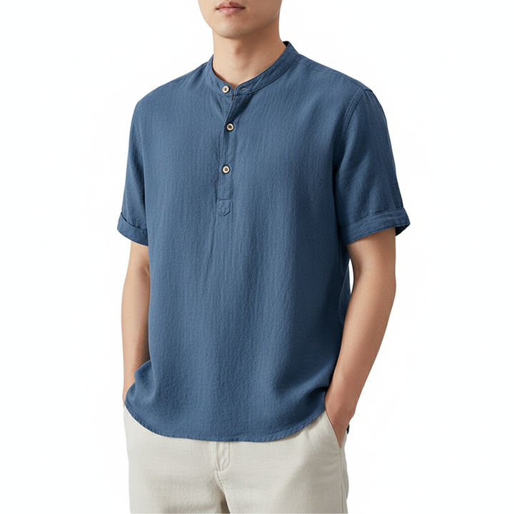 Men's Stand Collar Japanese Ice Silk Linen Short Sleeve T-shirt