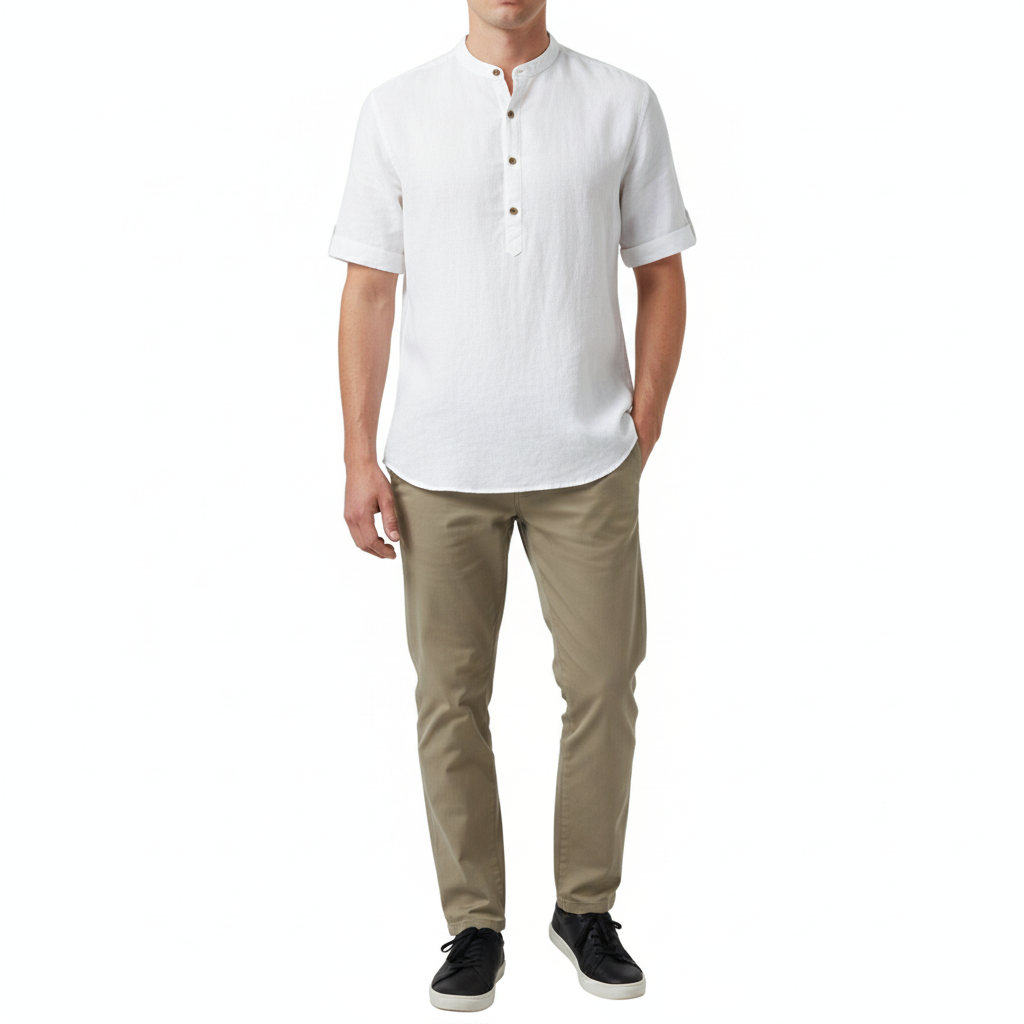 Men's Stand Collar Japanese Ice Silk Linen Short Sleeve T-shirt