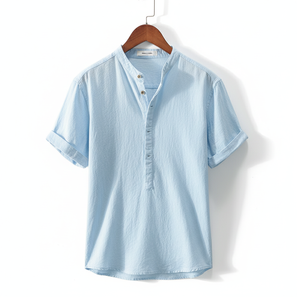 Men's Stand Collar Japanese Ice Silk Linen Short Sleeve T-shirt