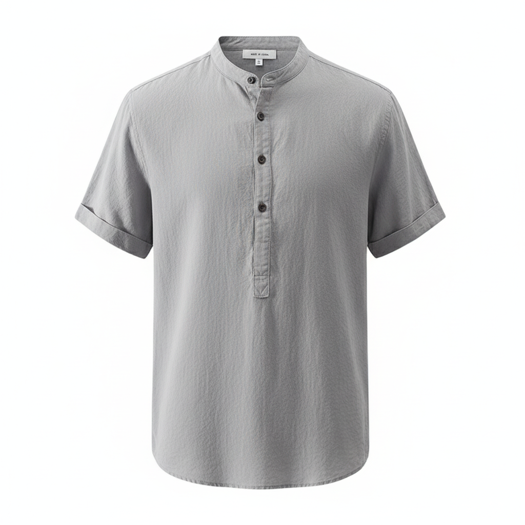 Men's Stand Collar Japanese Ice Silk Linen Short Sleeve T-shirt