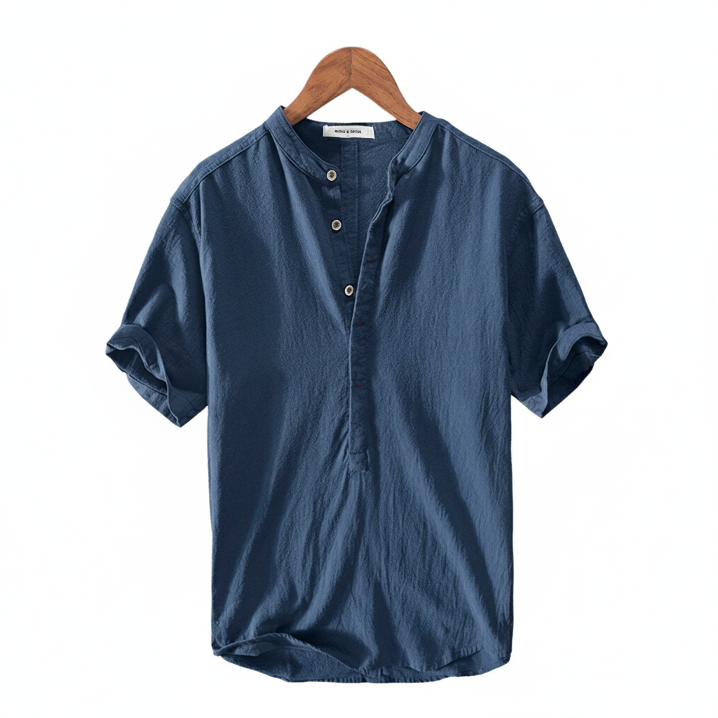 Men's Stand Collar Japanese Ice Silk Linen Short Sleeve T-shirt